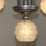 French Art Deco chandelier in silver-finished brass with 5 lights, Clichy white glass 4456.