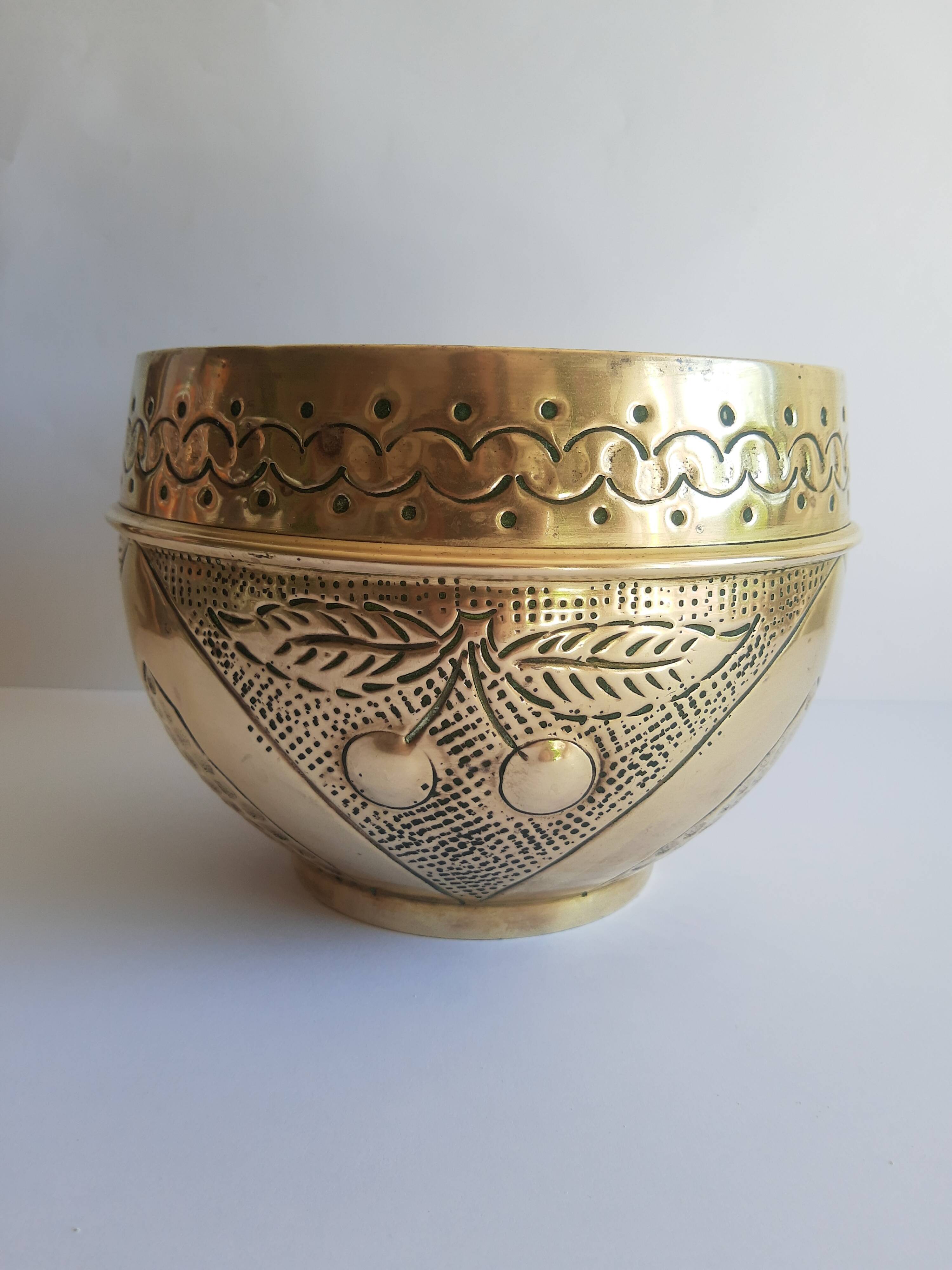 Old vintage brass cherry cache pot