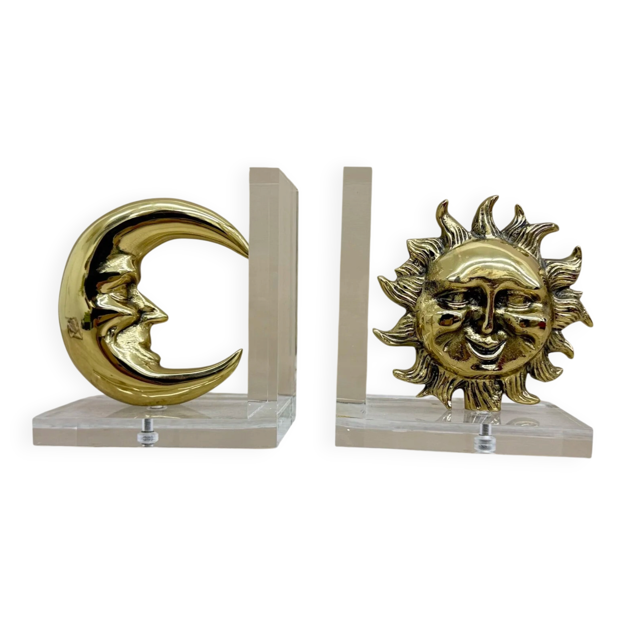 Vintage bookends sun and moon lucite and brass, 1970s