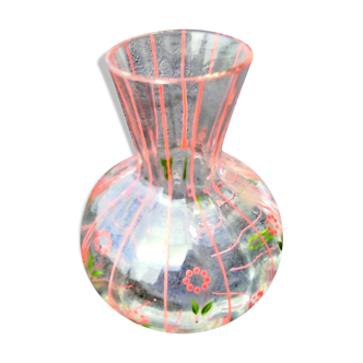 Transparent glass vase with pink filigree and enamelled flowers