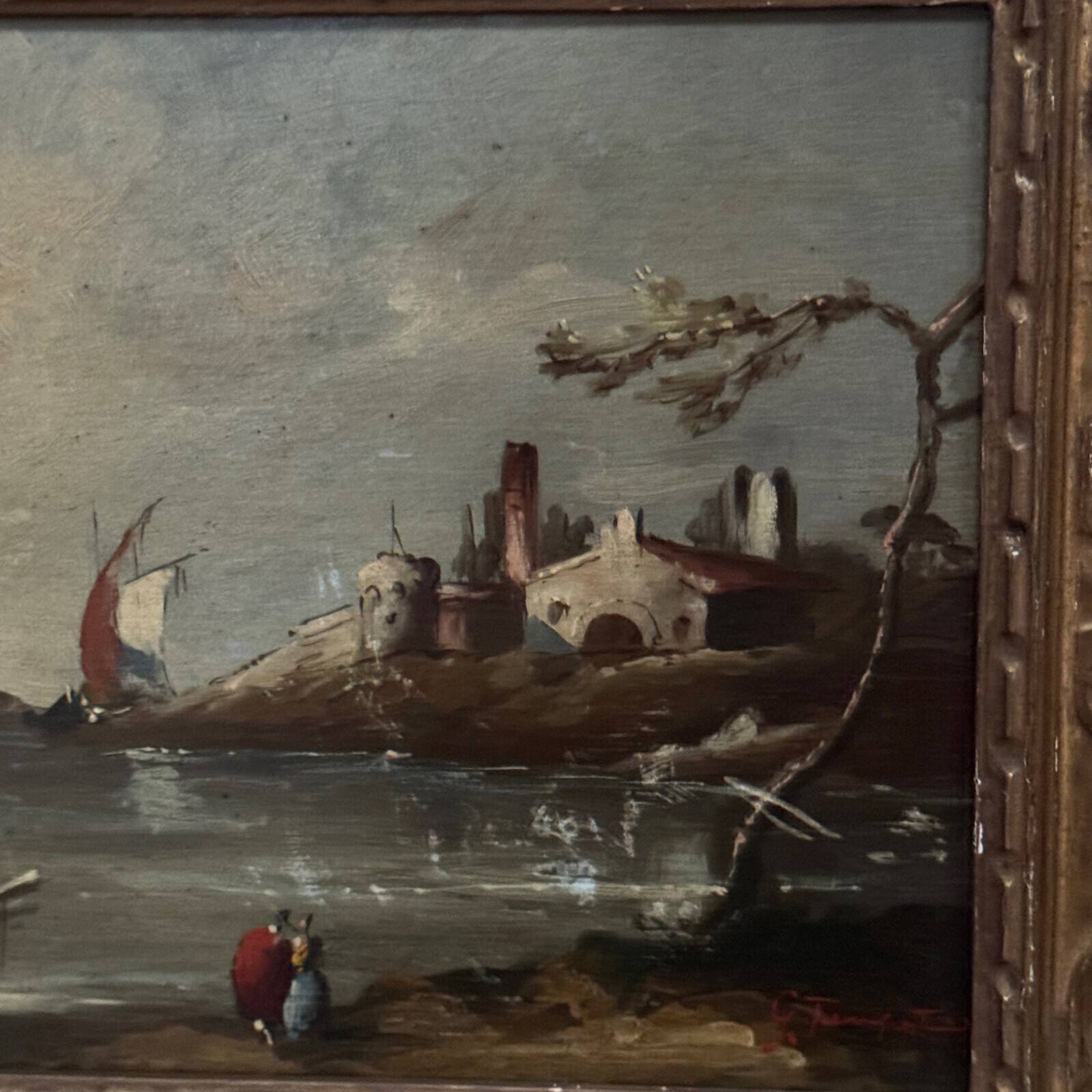 Oil on panel, port scene, late 19th century, gilded frame