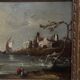 Oil on panel, port scene, late 19th century, gilded frame