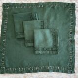 Convent tablecloth and its 4 openwork towels tinted fir green - 115x115cm -mixed linen & cotton