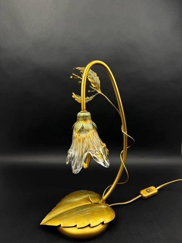 Masca Italy floral lamp, gold metal and blown glass