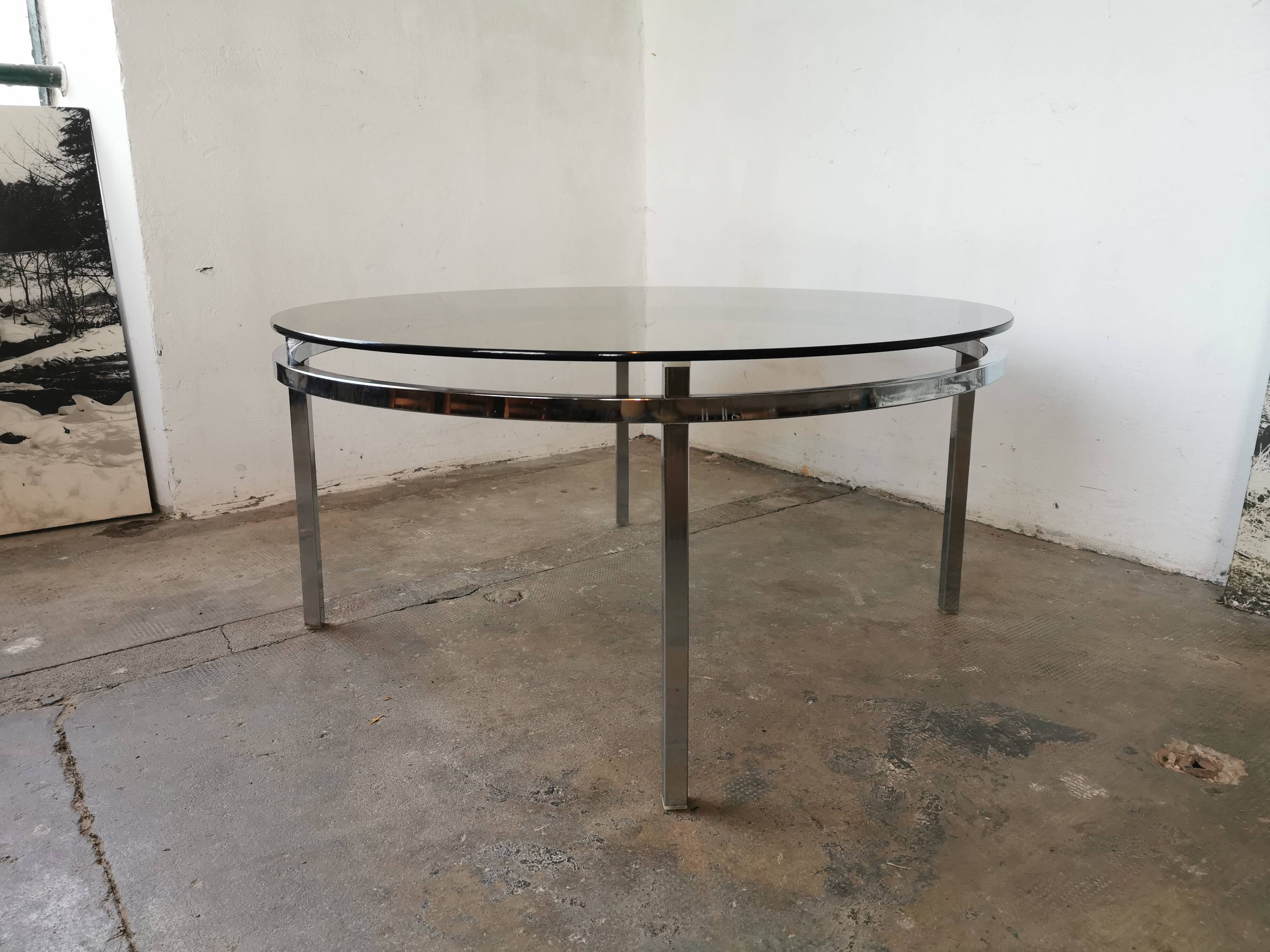 Round coffee table, chrome and smoked glass