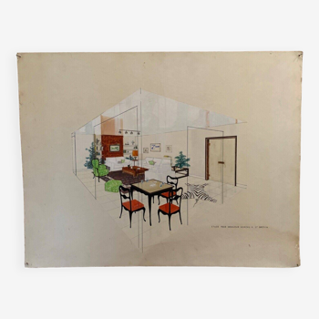 Watercolor drawing 20th century interior architecture project by J. Prod'homme