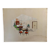 Watercolor drawing 20th century interior architecture project by J. Prod'homme