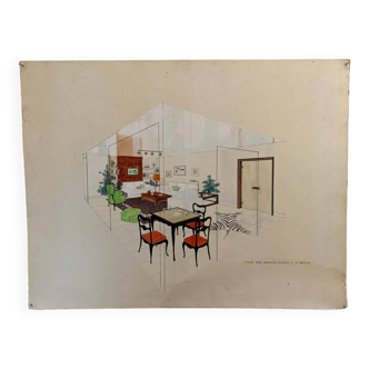 Watercolor drawing 20th century interior architecture project by J. Prod'homme