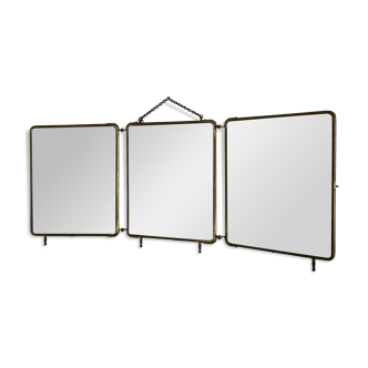 Miroir vintage 1920 triptyque barbier doré simili crocodile vert - 37 x 87
