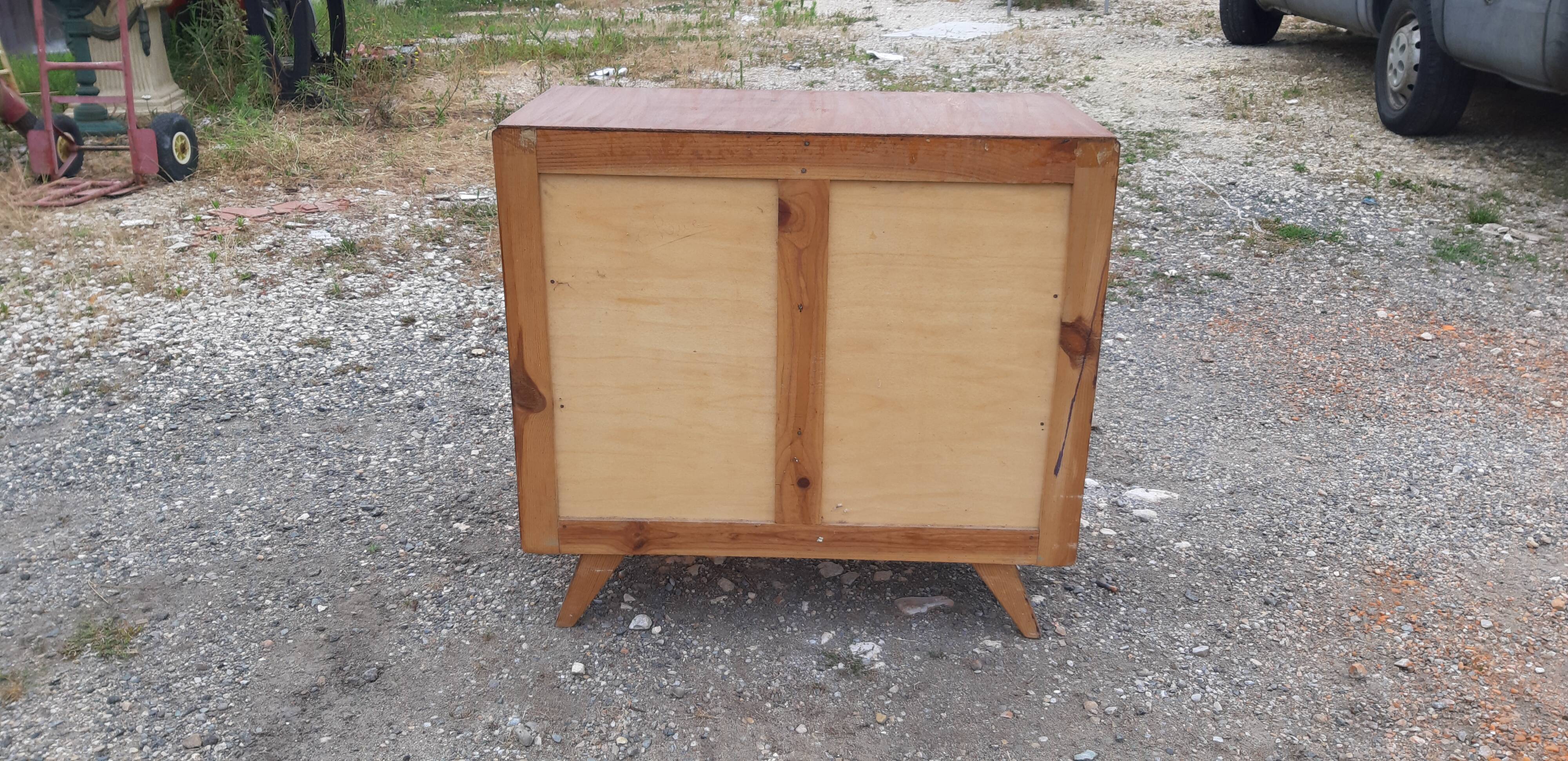 Commode vintage des années 50 en pin, pieds compas, 3 tiroirs