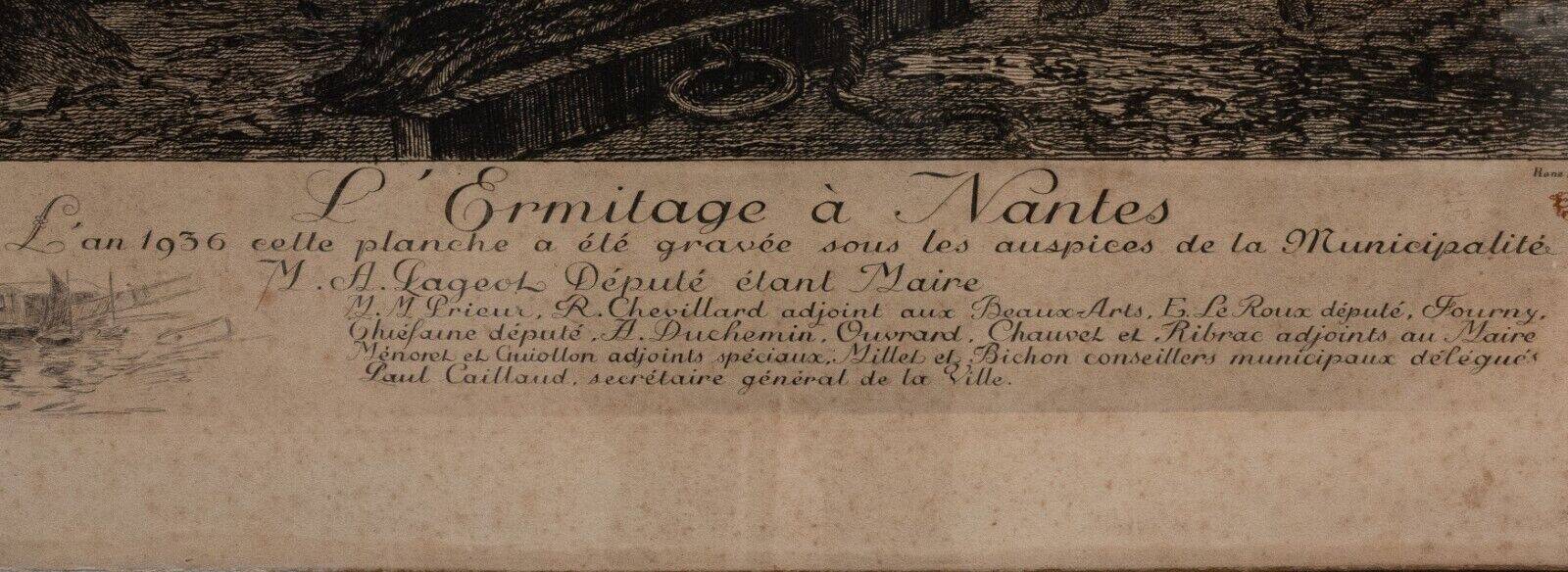 Engraving by René Pinard L'Ermitage in Nantes numbered natural wood frame