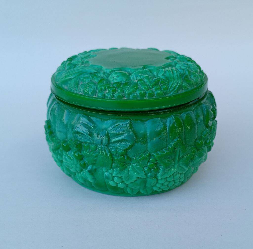 Bohemian handmade malachite glass candy dish or jewelry box.