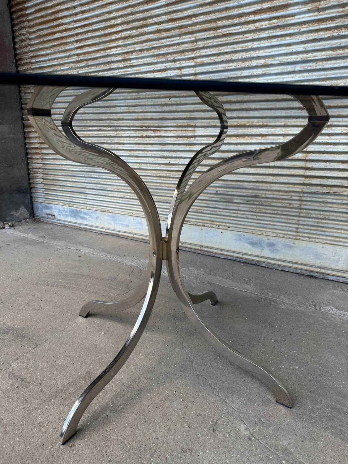 1970s table – chrome, brass, and smoked glass