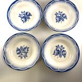 4 assiettes creuses Digoin Sarreguemines modele Marsac blanc et bleu avec fleur art déco