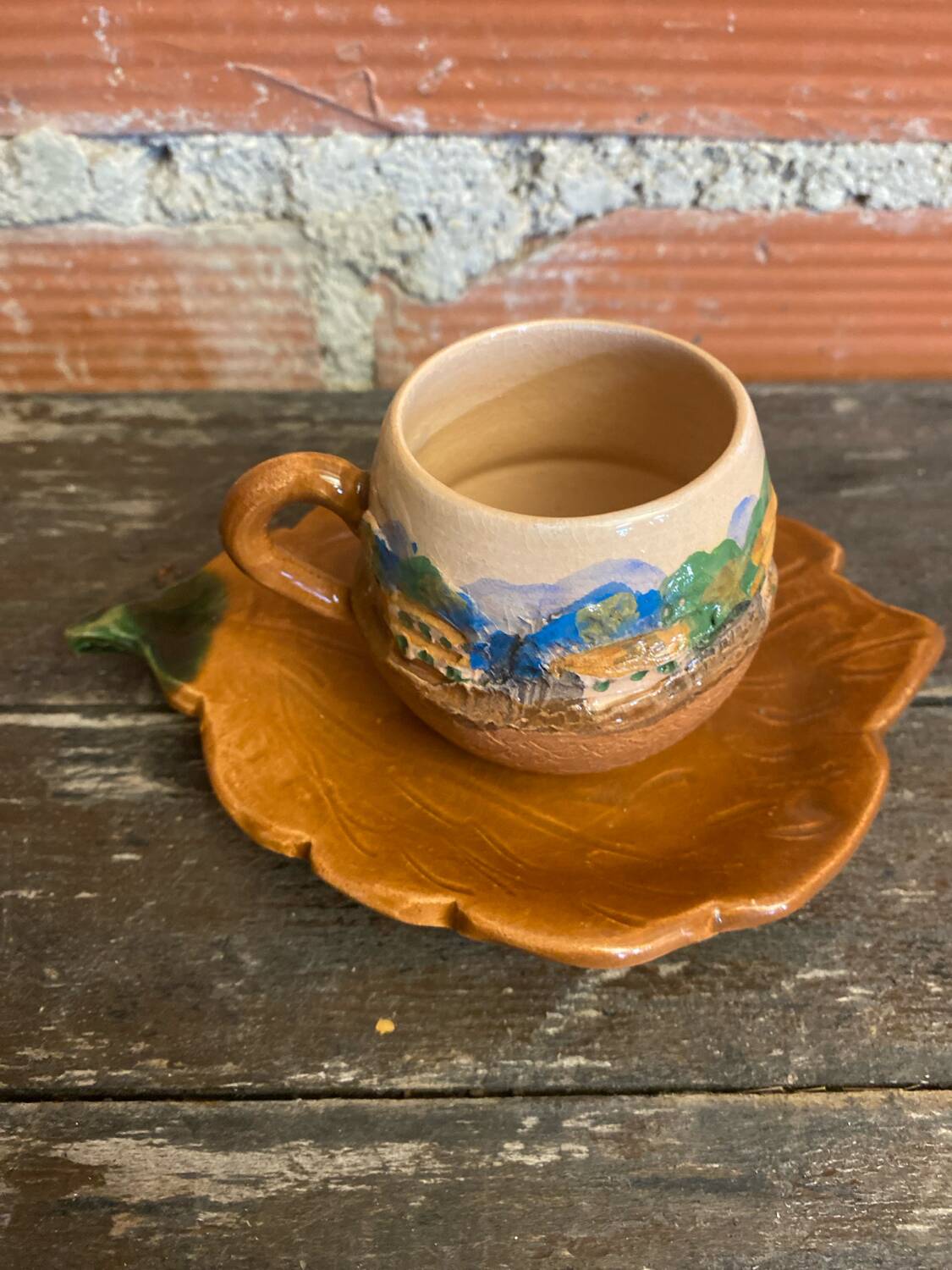 Teapot + 3 Antique Glazed Terracotta Cups Landscape Decor Vintage