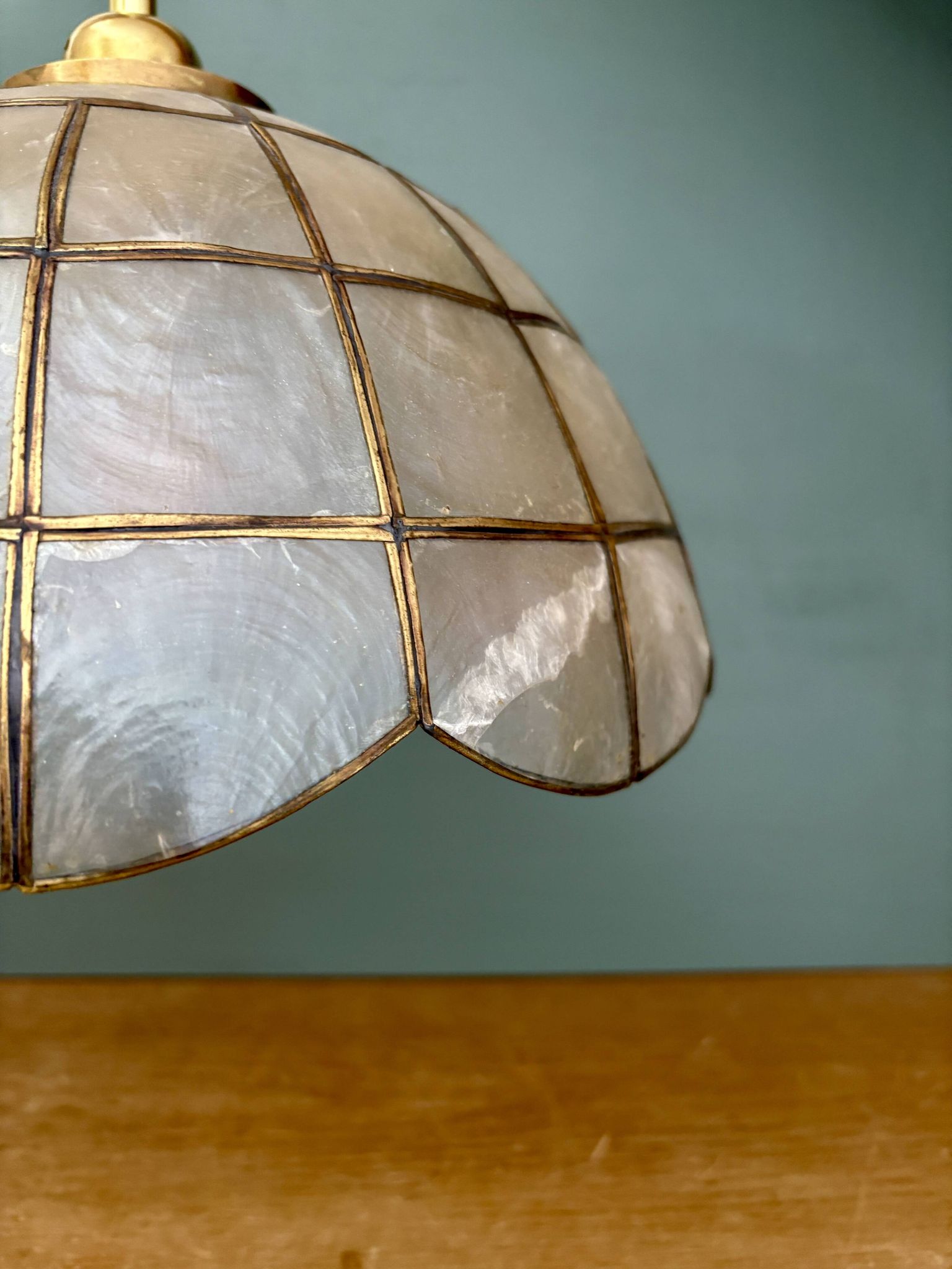 Vintage mother-of-pearl and brass pendant lampshade with fruit decorations