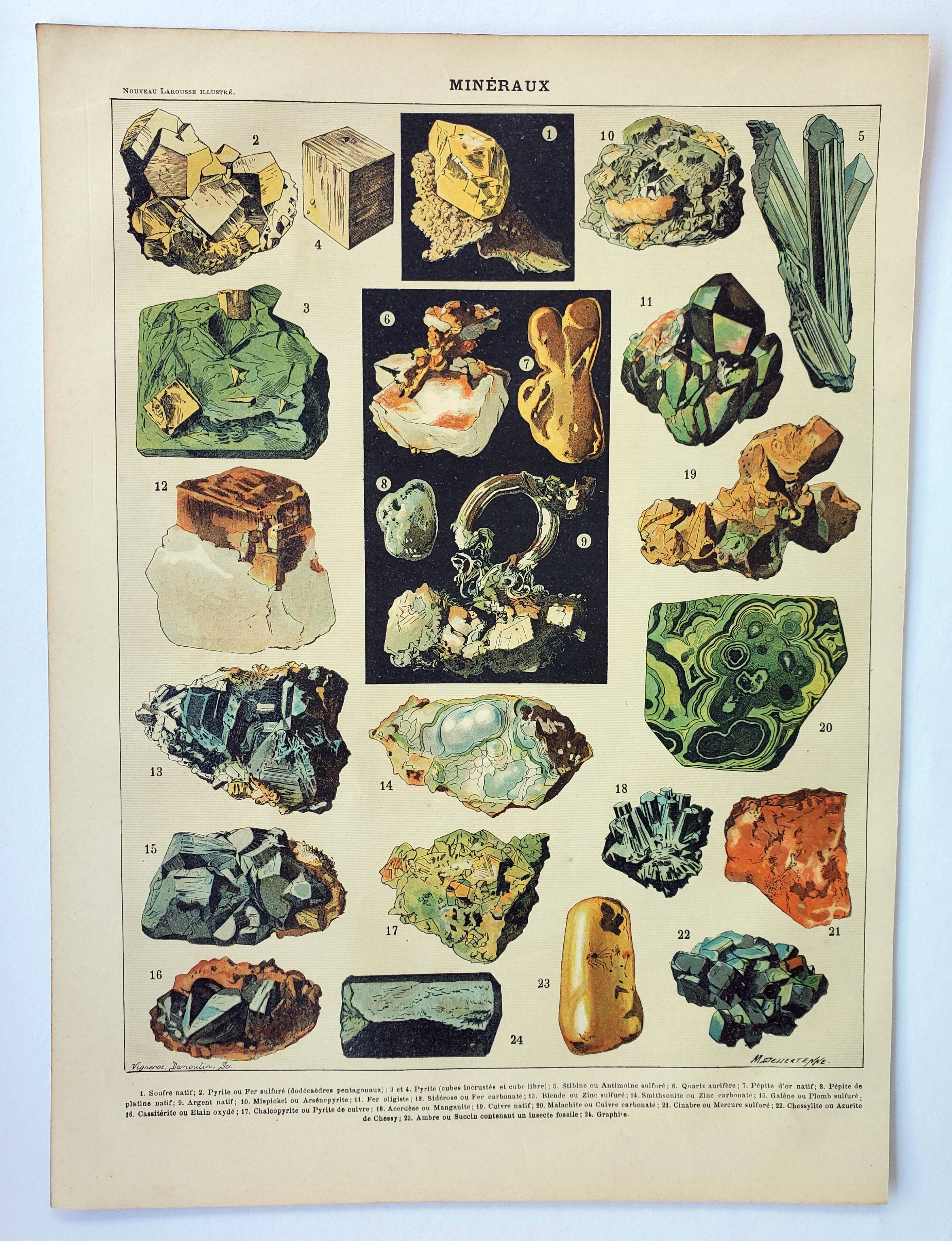 Gravure ancienne 1898, Minéraux 1, roches, pierres précieuses • Lithographie, Planche originale