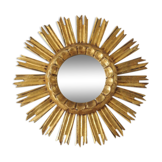 Vintage sun mirror in wood and gold resin 43 cm