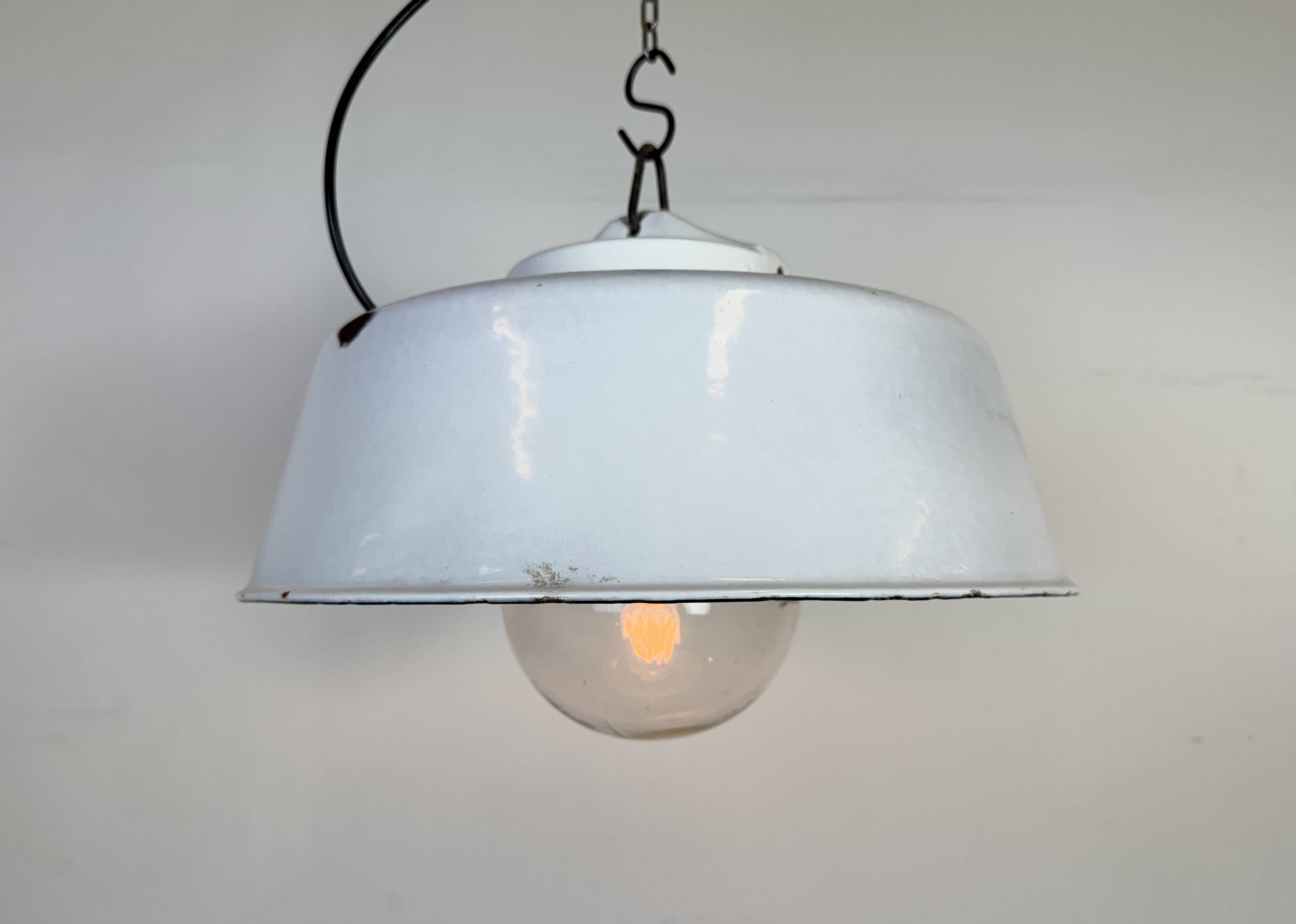 Industrial Grey Enamel Factory Pendant Lamp with Glass Cover, 1960s