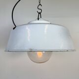 Industrial Grey Enamel Factory Pendant Lamp with Glass Cover, 1960s
