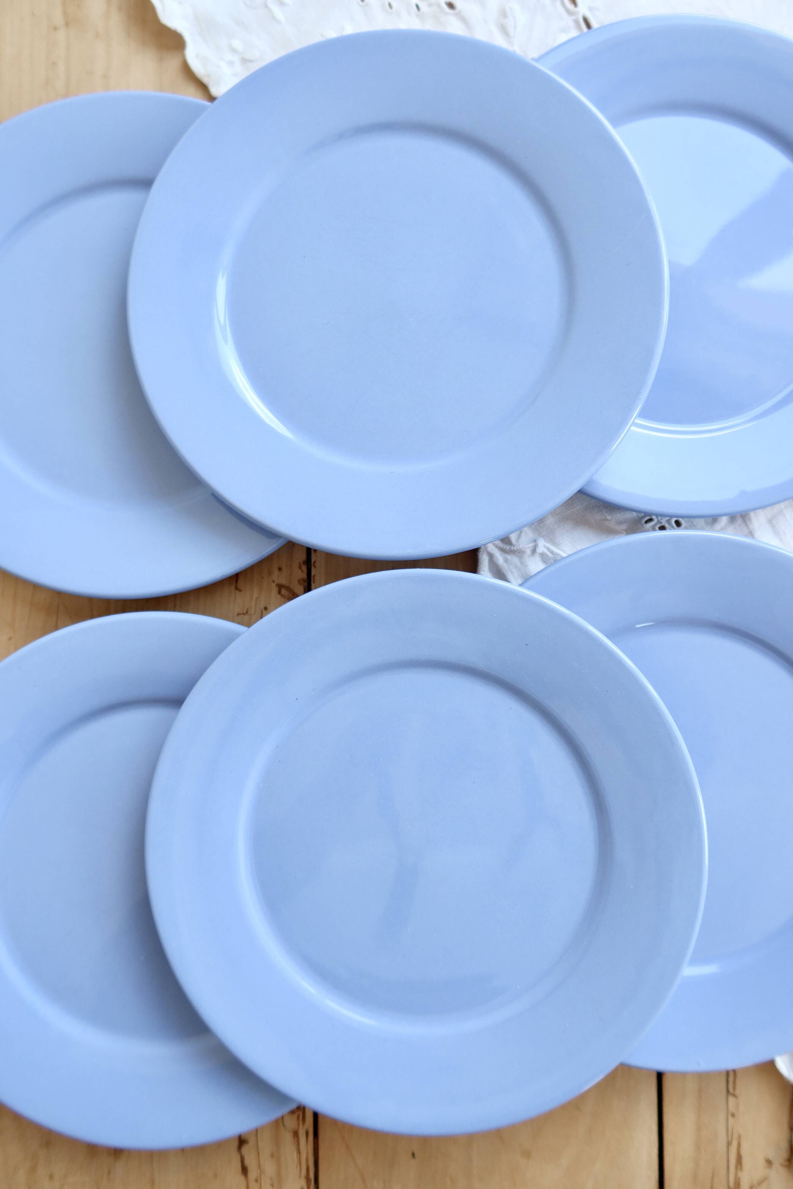 6 vintage sky blue faience dessert plates – Provençal coastal style