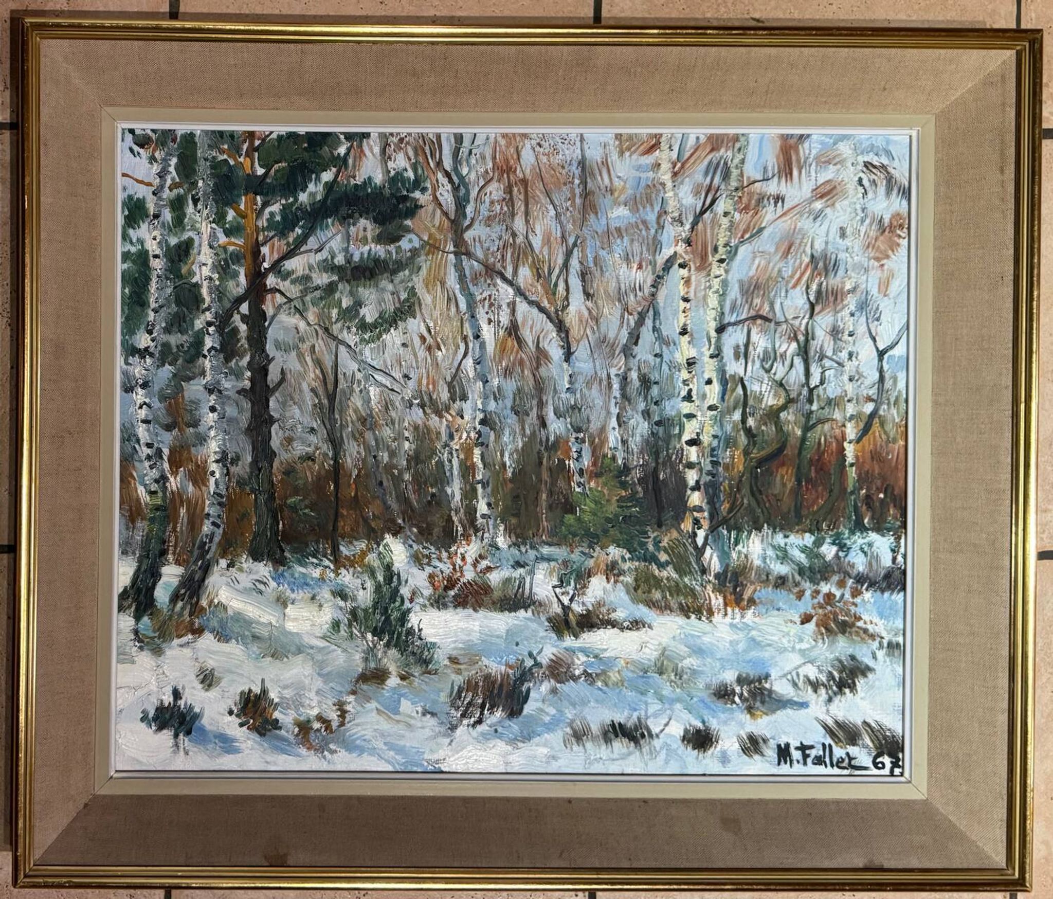 Antique painting, landscape under the snow, signed Fallet 1967