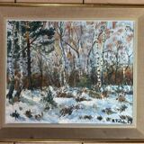 Antique painting, landscape under the snow, signed Fallet 1967