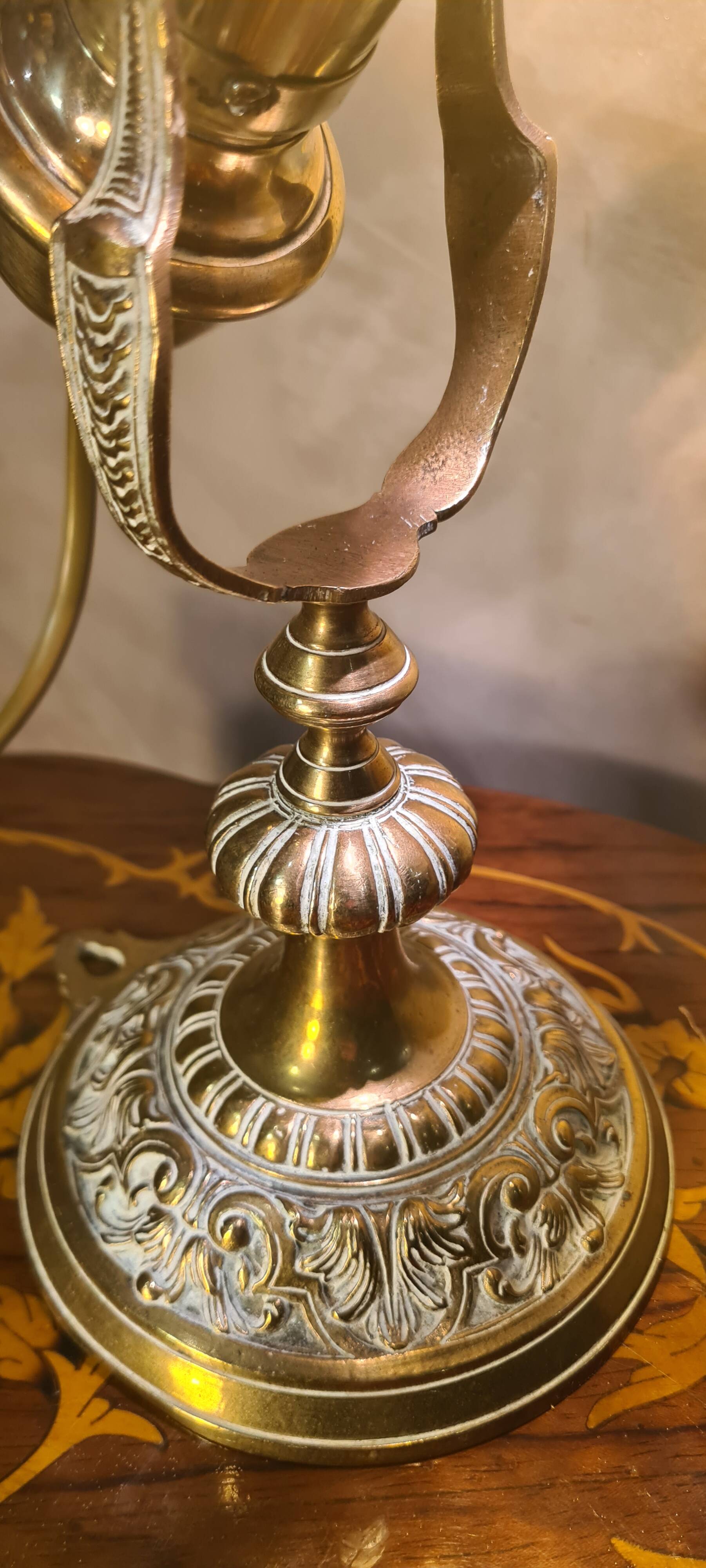 1920 bronze and brass rocking lamp with translucent amber-colored shade