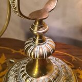 1920 bronze and brass rocking lamp with translucent amber-colored shade