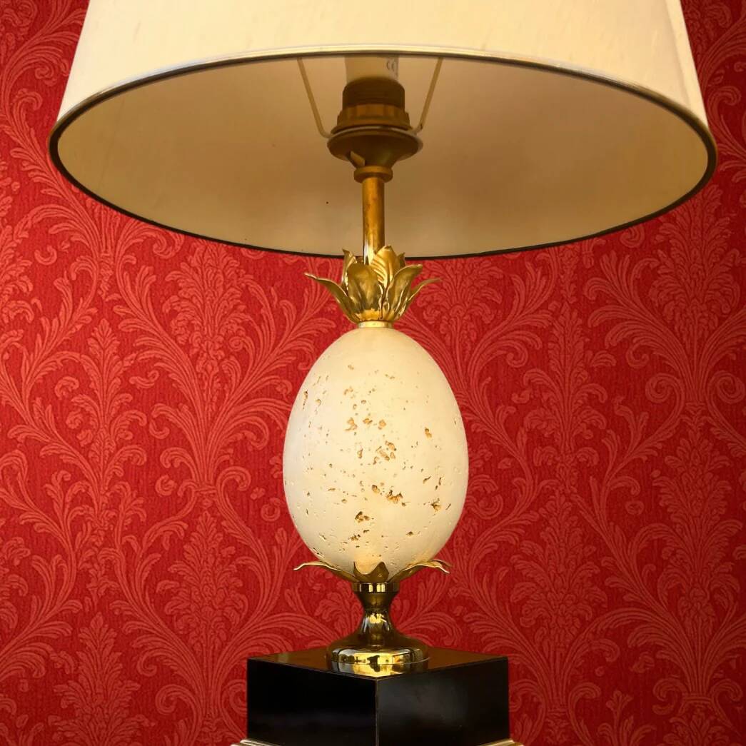 Vintage ostrich egg lamp travertine brass 1970s Maison Charles style