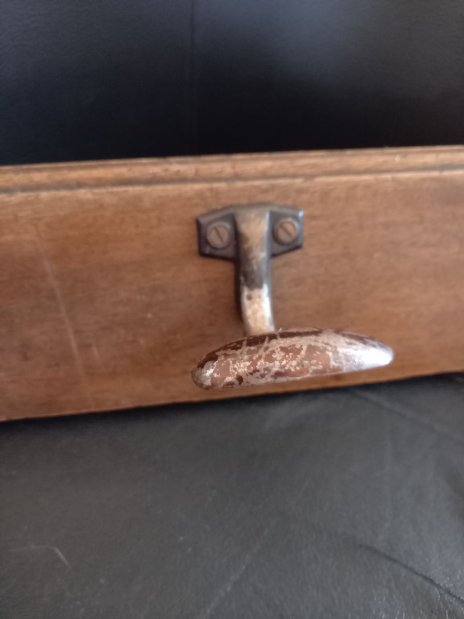 Old wooden coat rack 3 metal hooks