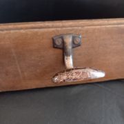 Old wooden coat rack 3 metal hooks