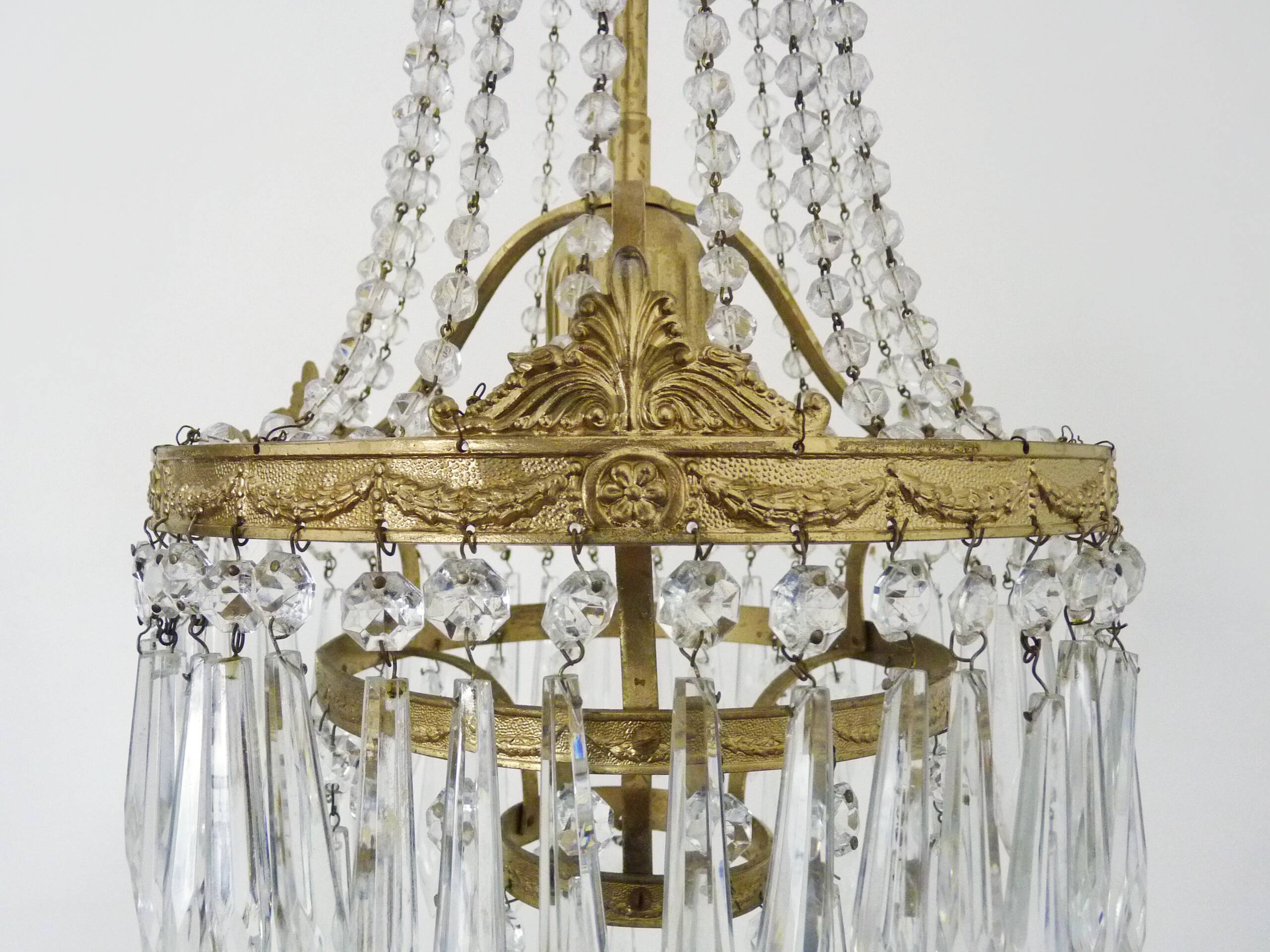 Vintage three-tiered balloon chandelier, glass pendants. 1970s.