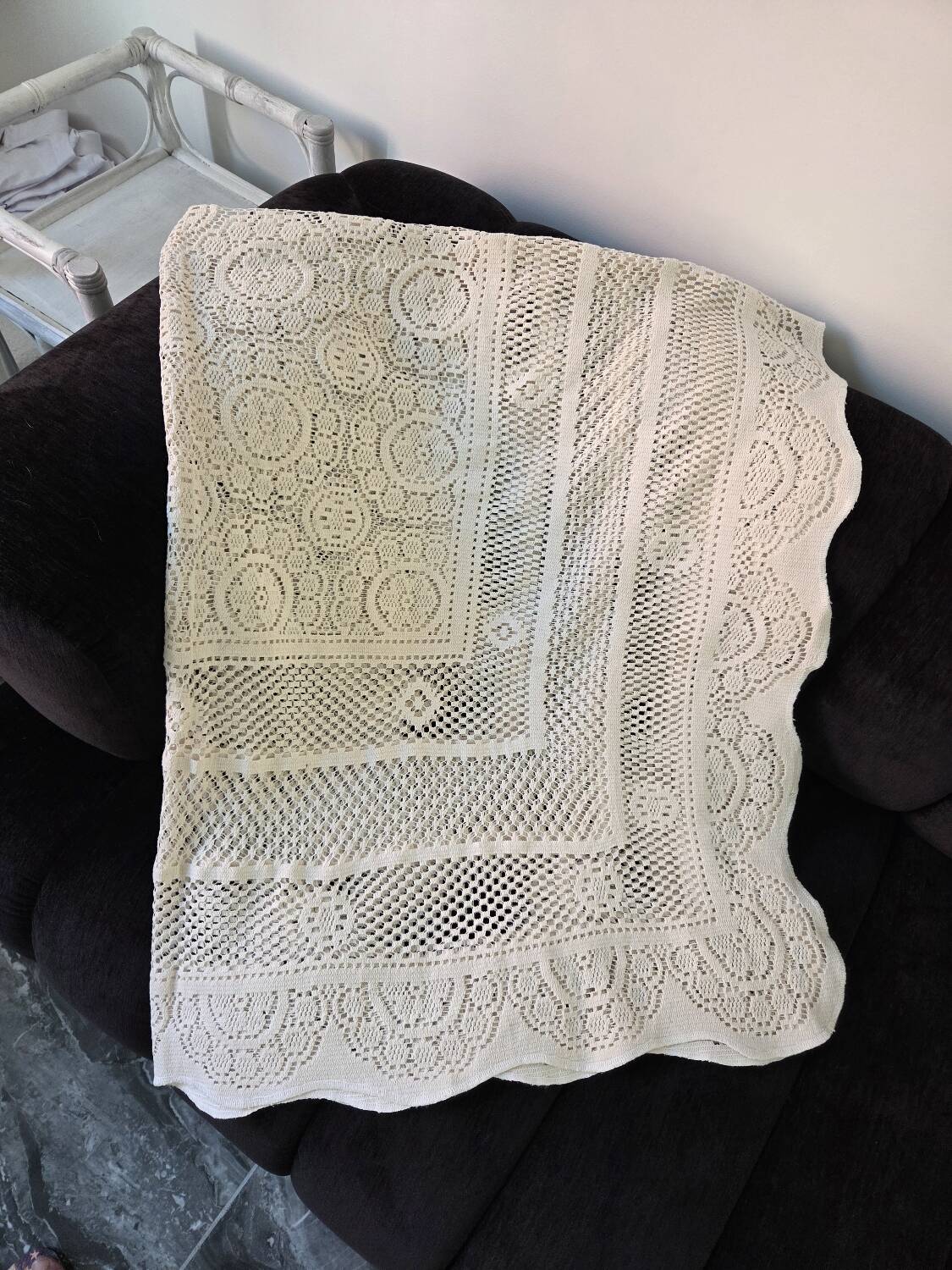 Vintage crochet bedspread in off-white