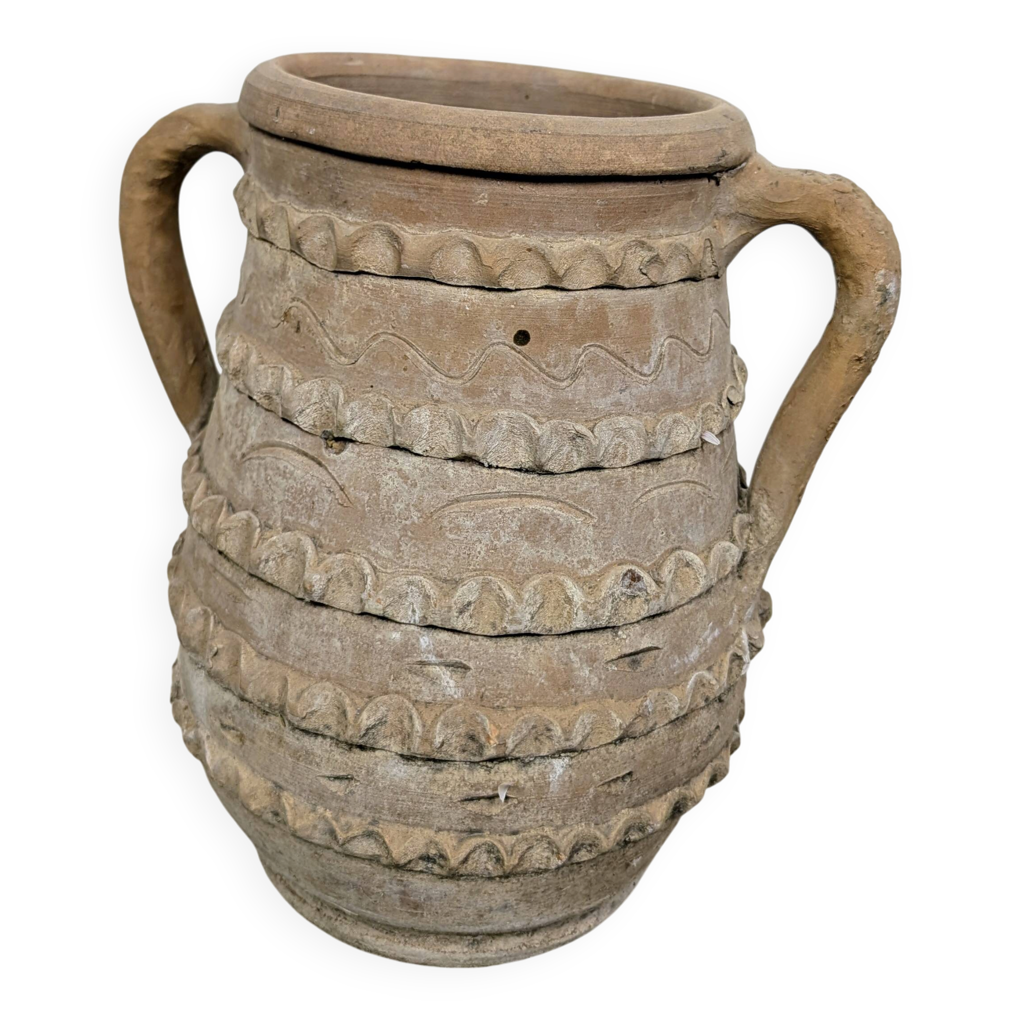 Terracotta jar with two handles, decorated with garlands.
