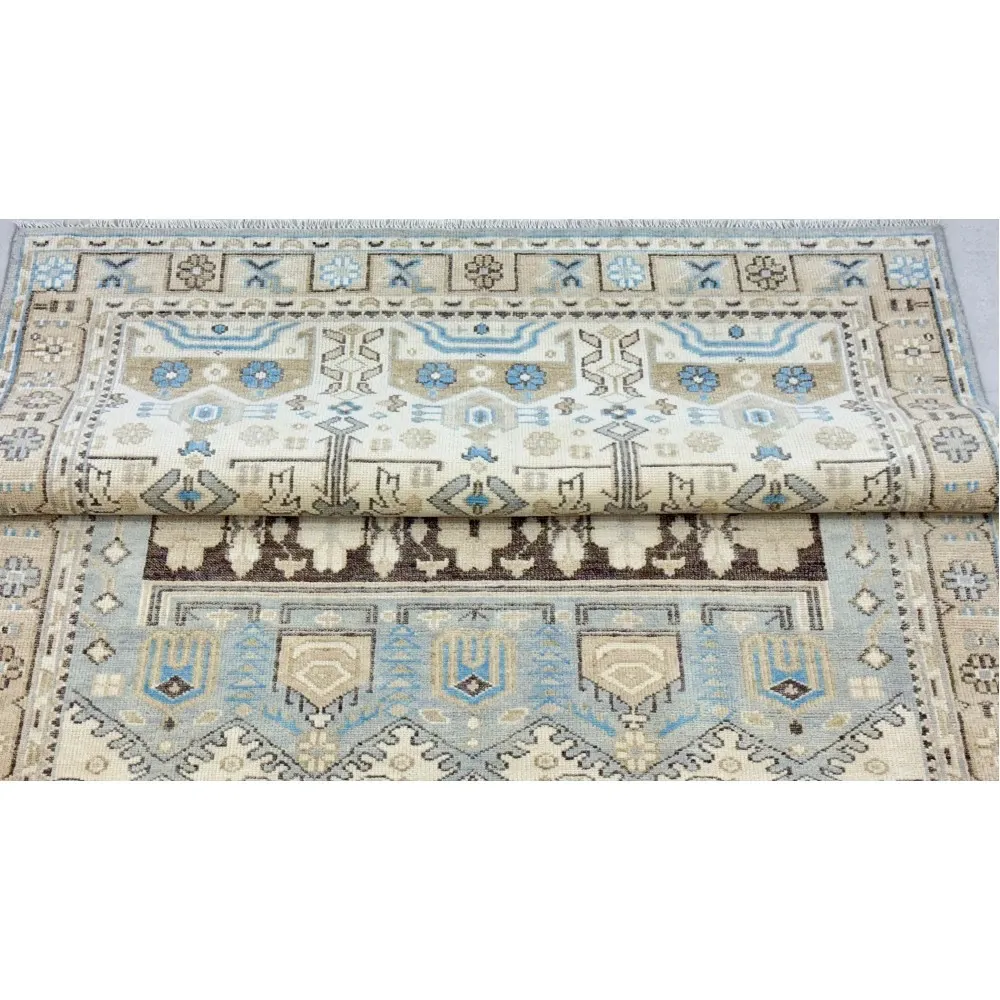 Hand-Knotted Wool Area Rug for Living Room, Decorative Oushak Blue and Ivory Floral Design Carpet
