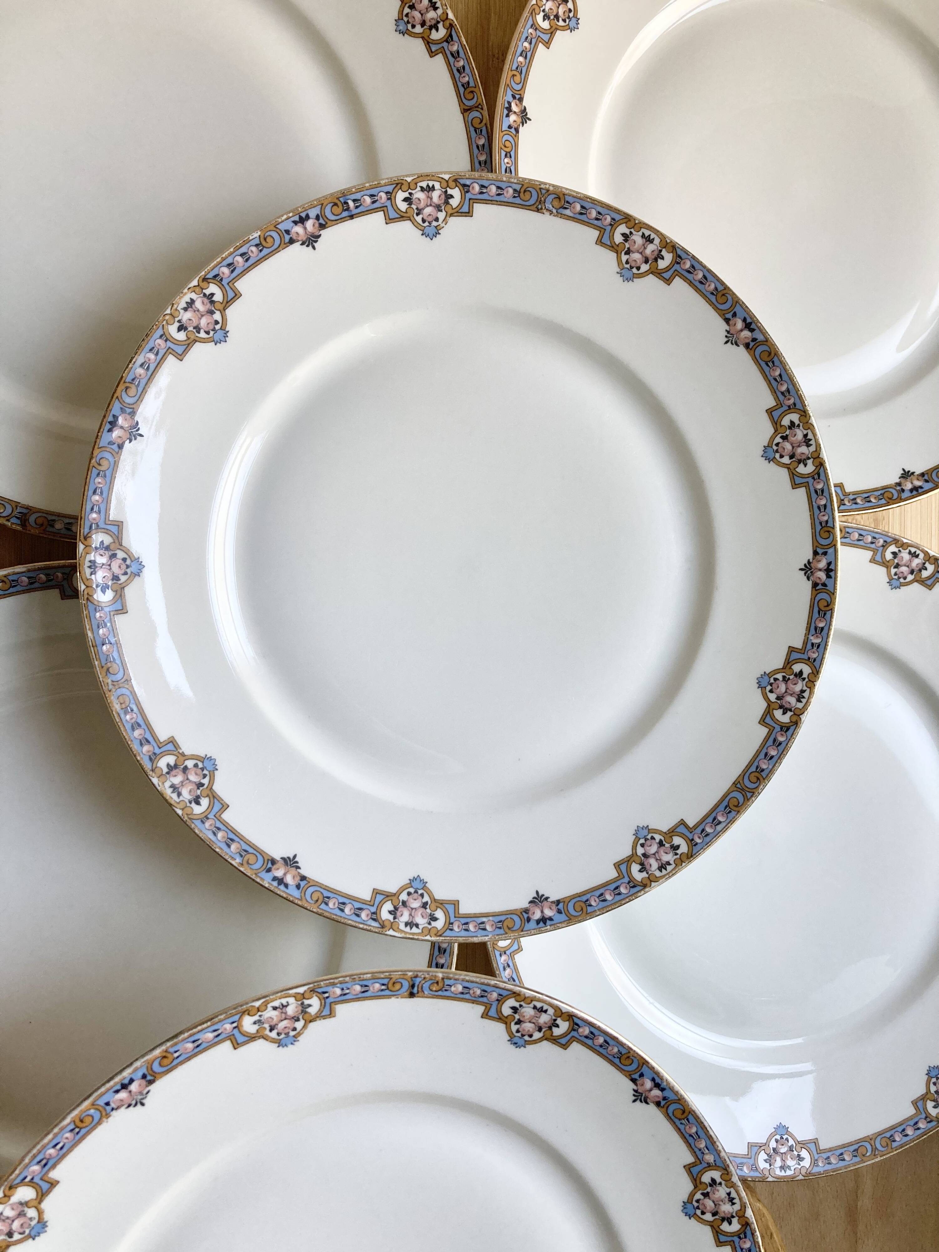 6 assiettes plates porcelaine fine F. Legrand 1920