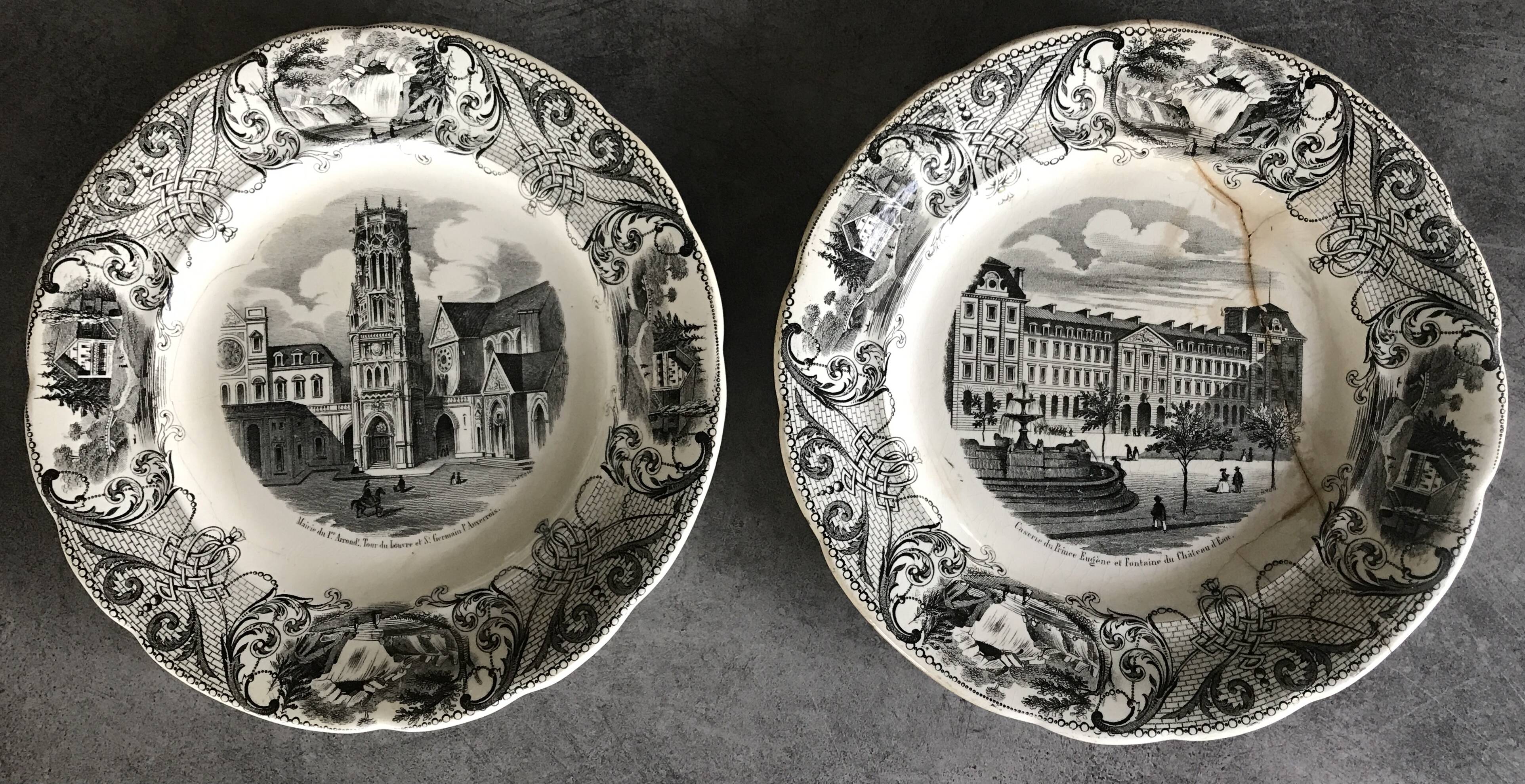 Set of 6 antique choisy-le-roi earthenware plates with grisaille decoration