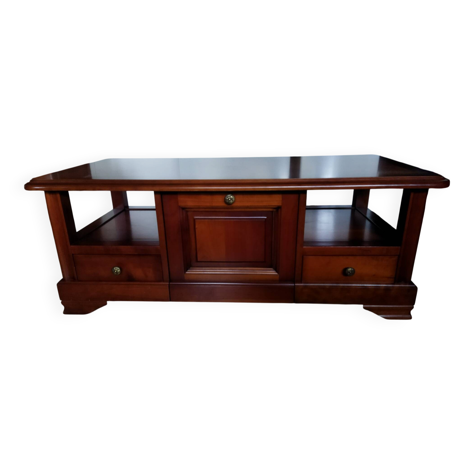 Louis Philippe style coffee table in cherry wood with large drawers.