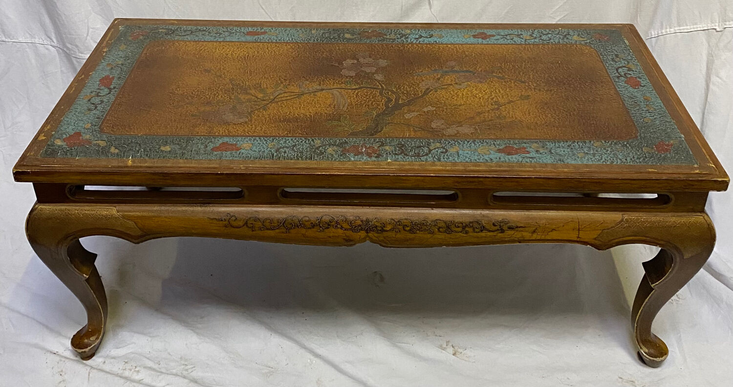 Chinese, Asian wooden coffee table nature peacock scene