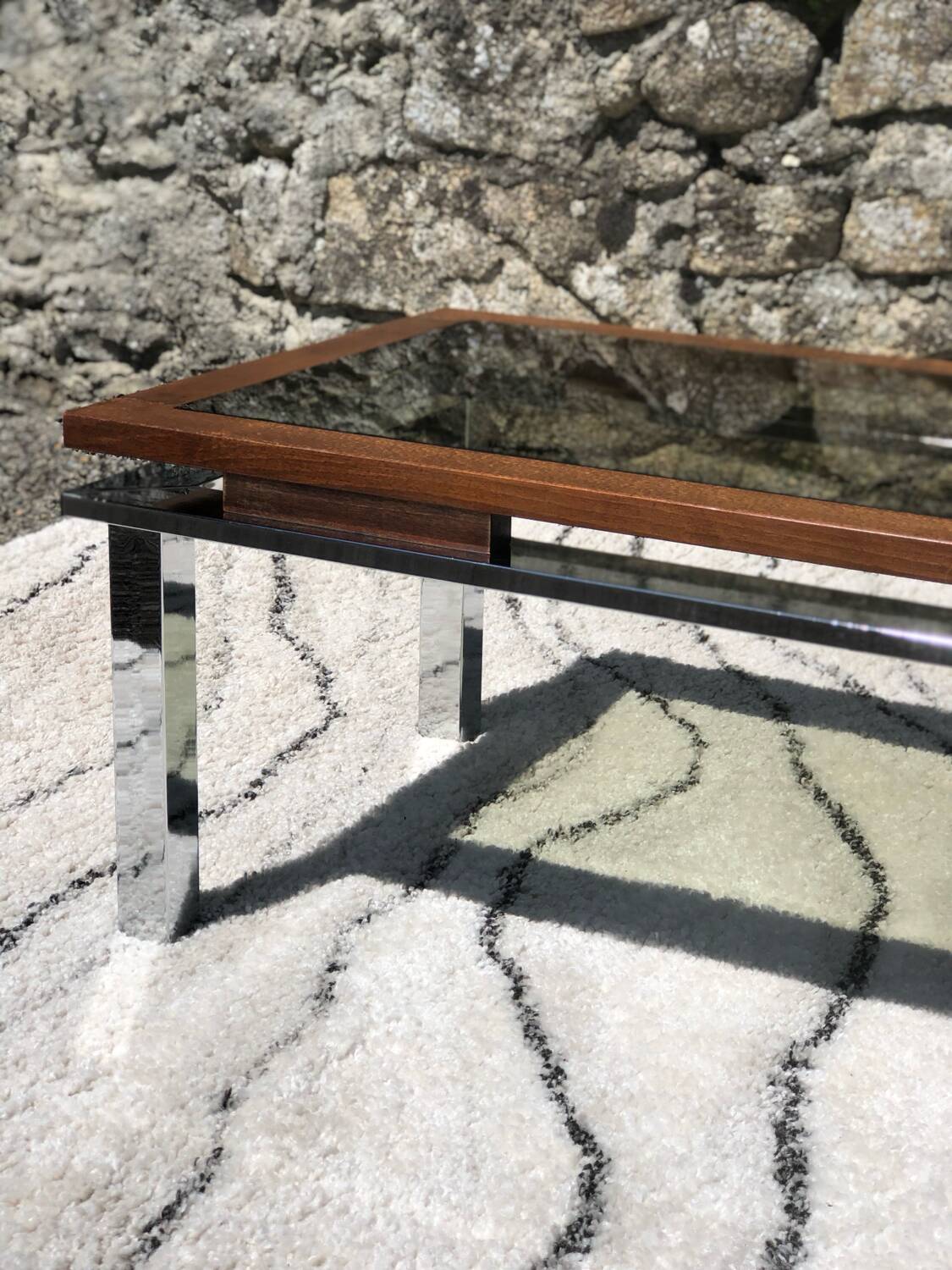 Vintage rectangular coffee table 1970 chrome, wood & smoked glass