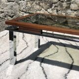 Vintage rectangular coffee table 1970 chrome, wood & smoked glass