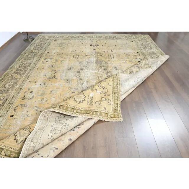 1970s Vintage Persian Handmade Wool Cotton Yellow Area Rug 283x386