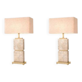 Pair of travertine and patinated brass table lamps, perfect for contemporary interiors.