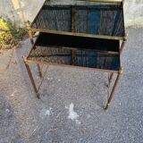2 tables gigognes laiton et verre noir vintage
