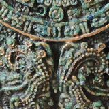 Aztec/Mayan wall solar mirror, in crushed Malachite stone, gold highlights