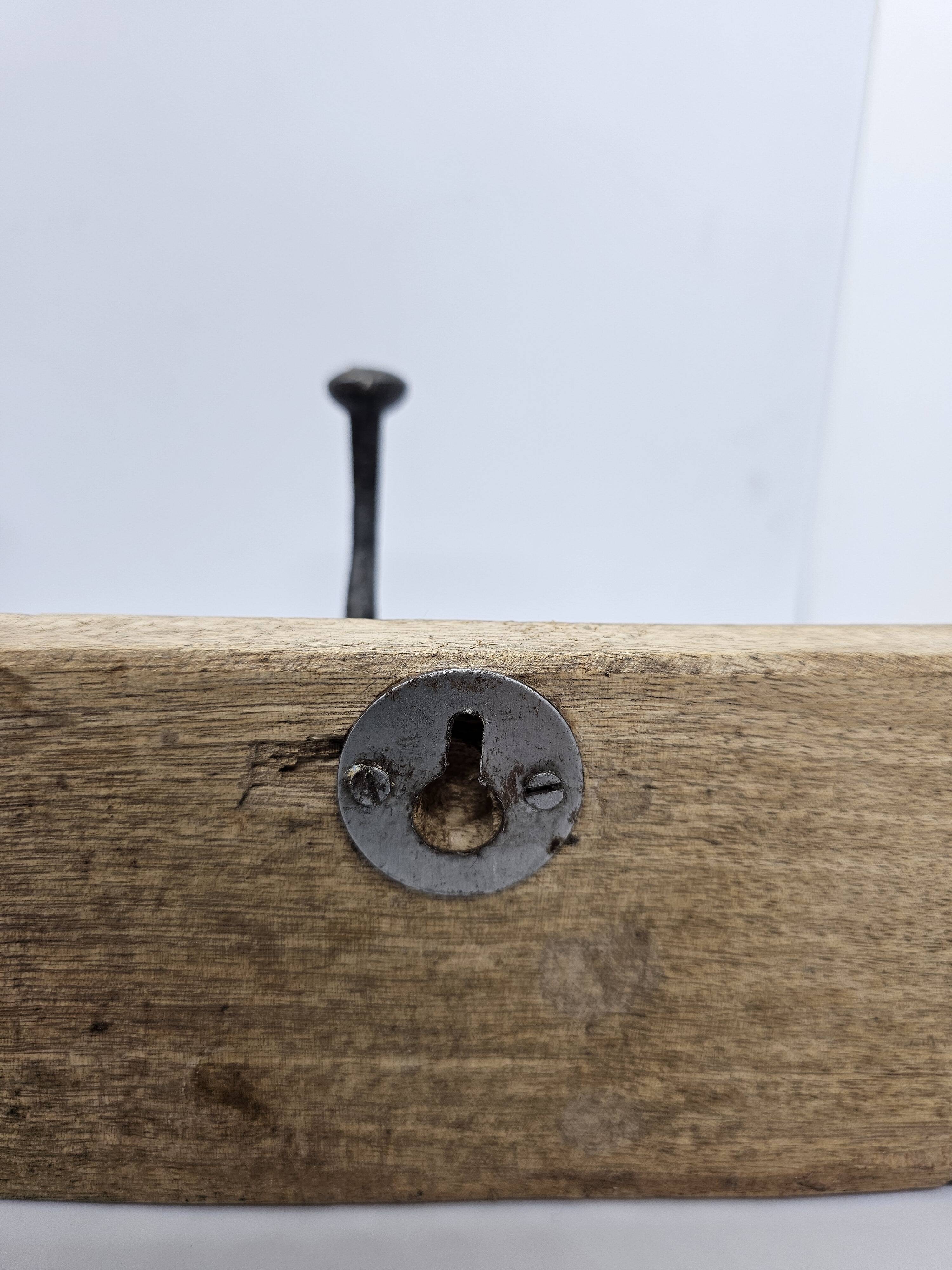 Solid teak coat hook with 2 double cast iron hooks