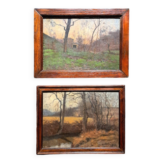 Paire de tableaux impressionnistes, paysages automne-hiver, signé Théodore LESPINASSE