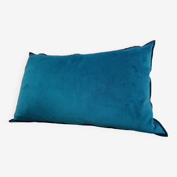 Turquoise blue velvet cushion with black overlock finish 30x50 cm