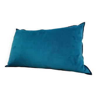 Turquoise blue velvet cushion with black overlock finish 30x50 cm